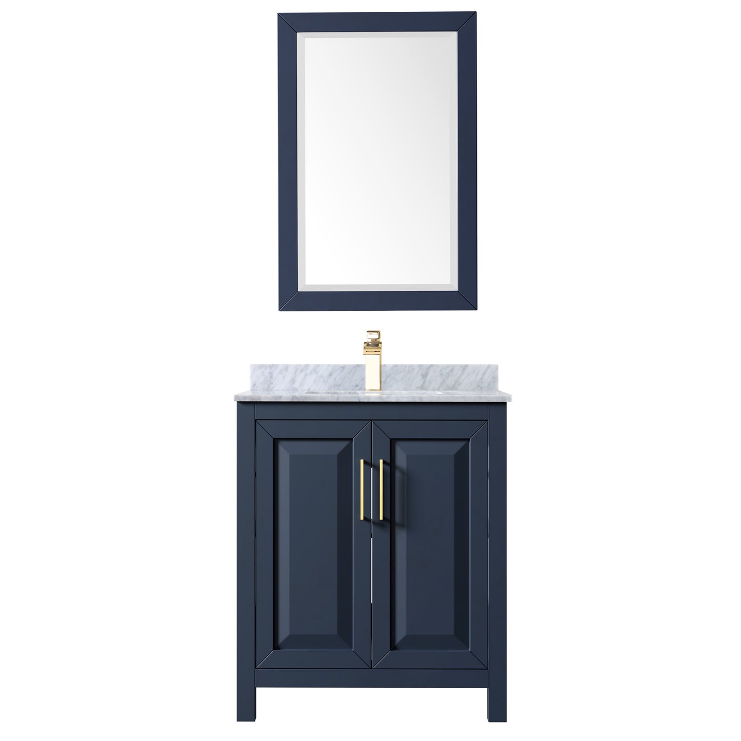 Daria 30 Inch Single Bathroom Vanity in Dark Blue, White Carrara Marble Countertop, Undermount Square Sink, 24 Inch Mirror