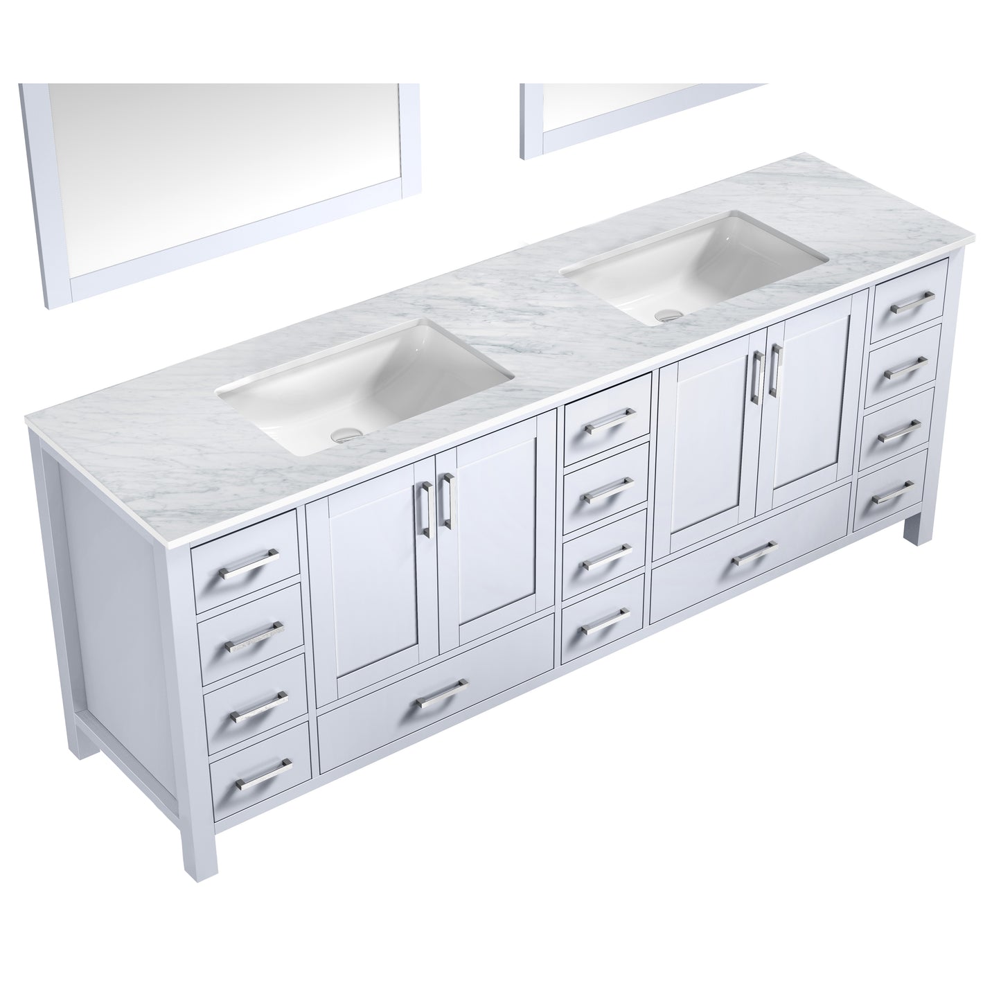 Jacques 84" White Double Vanity, White Carrara Marble Top, White Square Sinks and 34" Mirrors