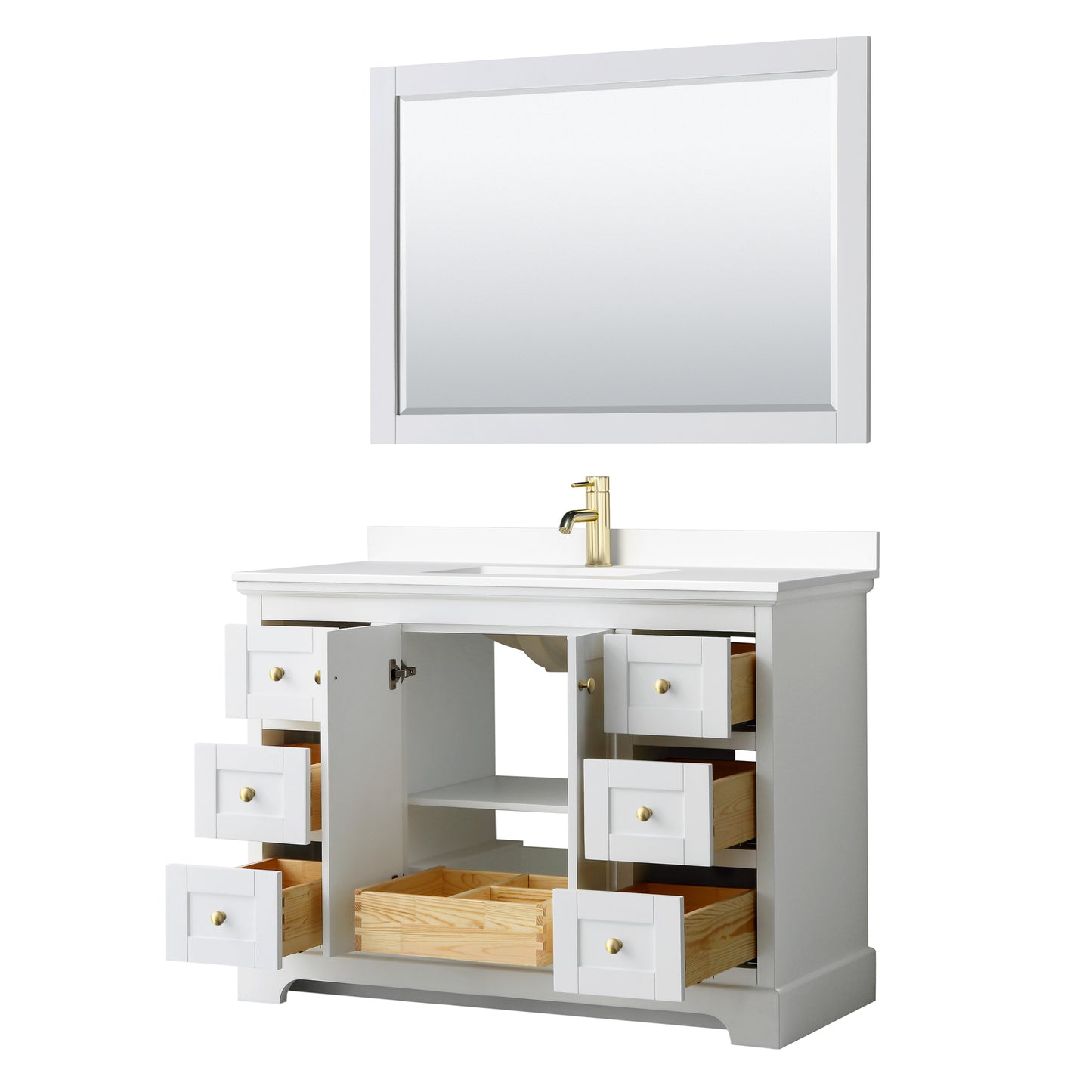 Avery 48 Inch Single Bathroom Vanity in White, White Cultured Marble Countertop, Undermount Square Sink, 46 Inch Mirror, Brushed Gold Trim