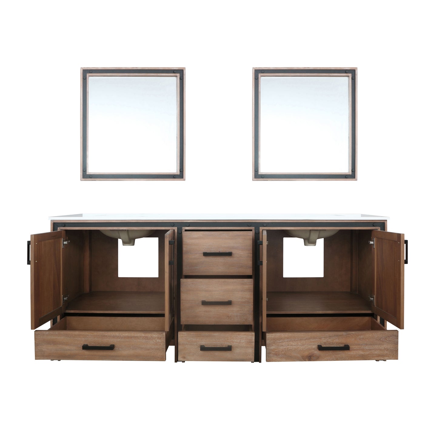 Ziva 80" Rustic Barnwood Double Vanity, Cultured Marble Top, White Square Sink and 30" Mirrors