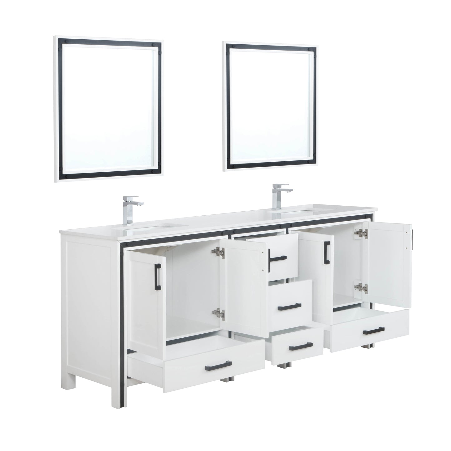 Ziva 80" White Double Vanity, Cultured Marble Top, White Square Sink and 30" Mirrors w/ Faucet