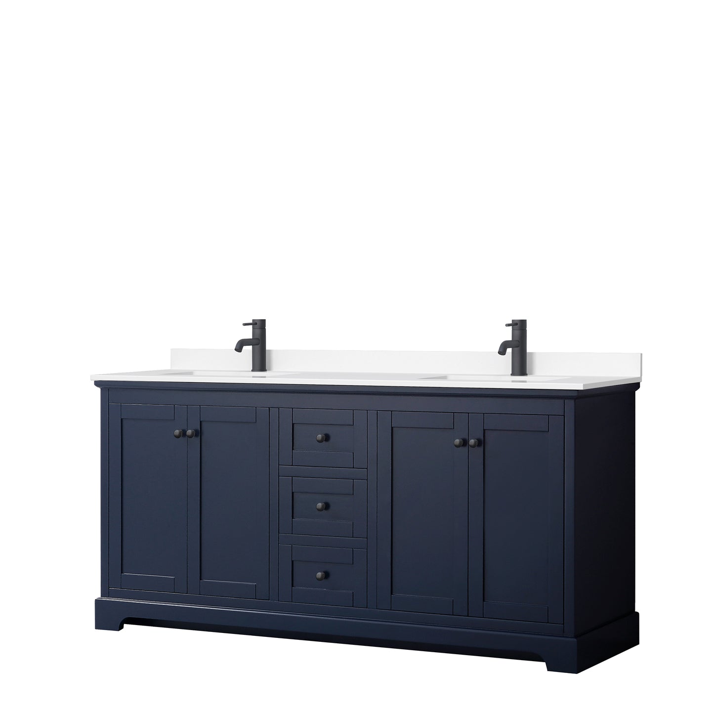 Avery 72 Inch Double Bathroom Vanity in Dark Blue, White Cultured Marble Countertop, Undermount Square Sinks, Matte Black Trim