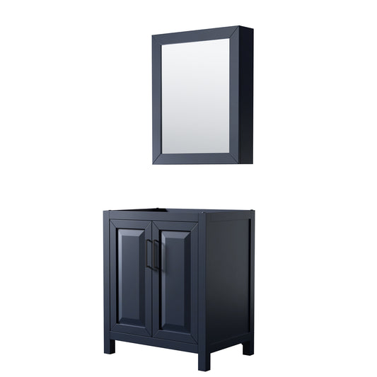 Daria 30 Inch Single Bathroom Vanity in Dark Blue, No Countertop, No Sink, Matte Black Trim, Medicine Cabinet