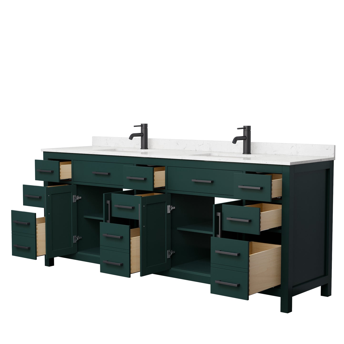 Beckett 84 Inch Double Bathroom Vanity in Green, Carrara Cultured Marble Countertop, Undermount Square Sinks, Matte Black Trim