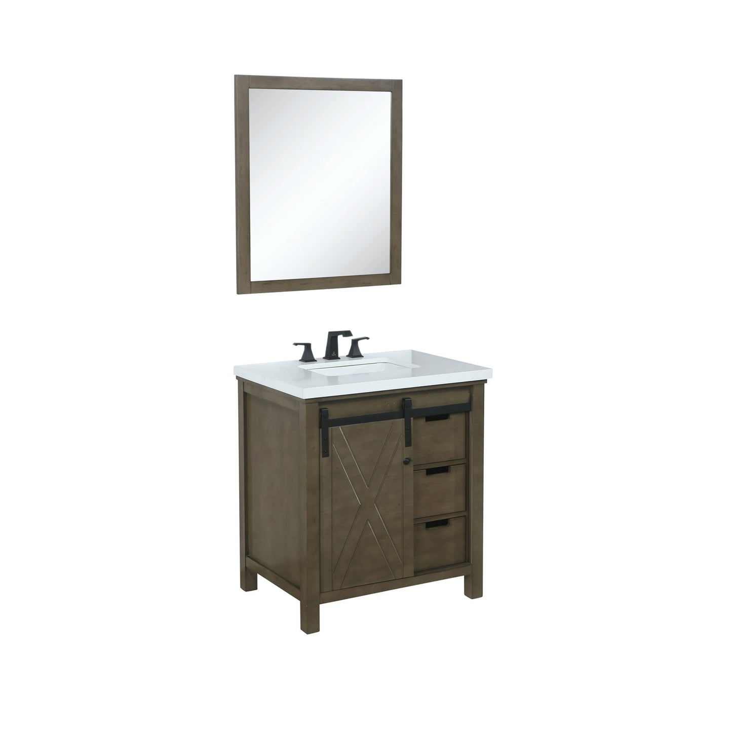 Marsyas 30" Rustic Brown Single Vanity, White Quartz Top, White Square Sink and 28" Mirror w/ Faucet