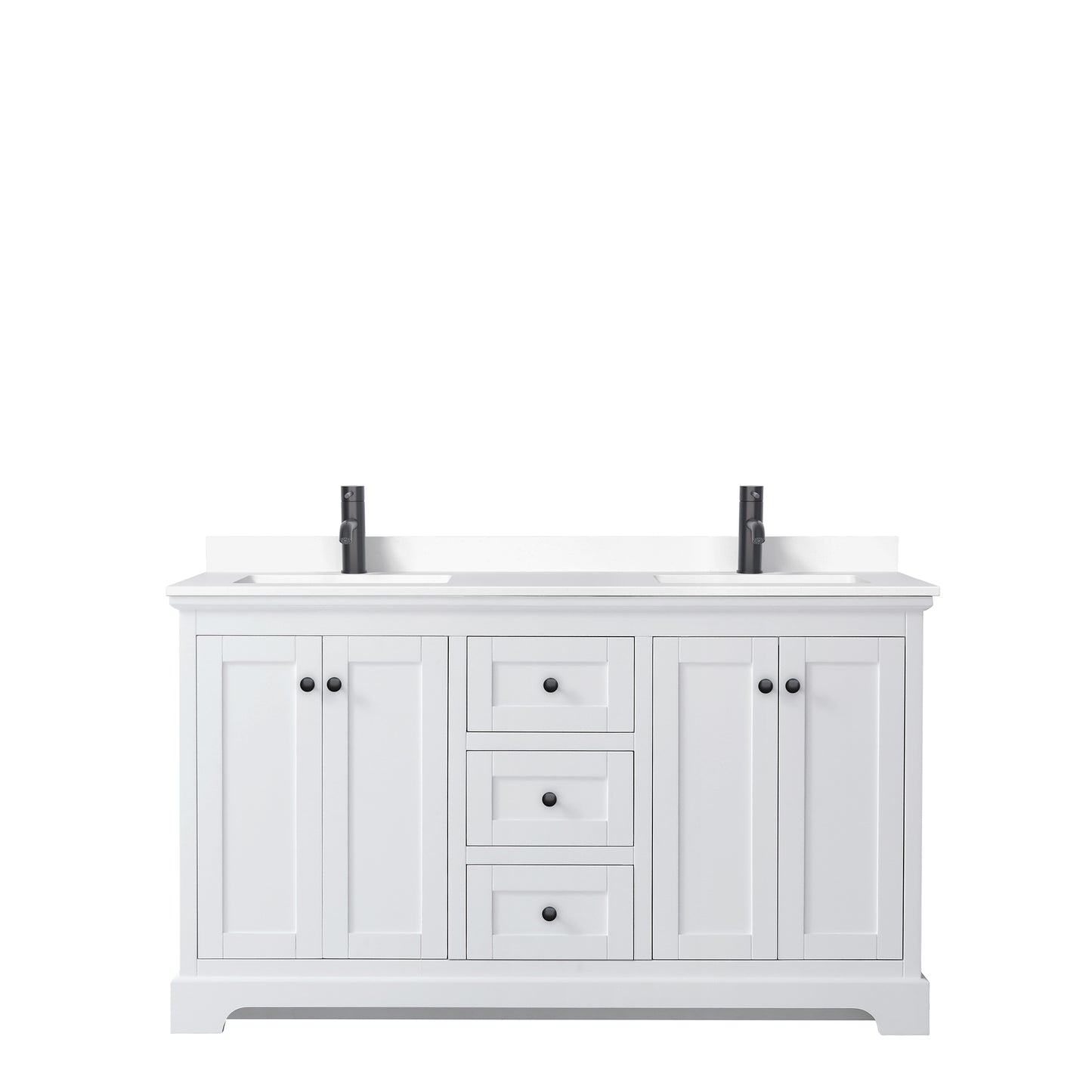 Avery 60 Inch Double Bathroom Vanity in White, White Cultured Marble Countertop, Undermount Square Sinks, Matte Black Trim