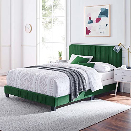 Modway Celine Channel Tufted Performance Velvet Full Bed in Emerald