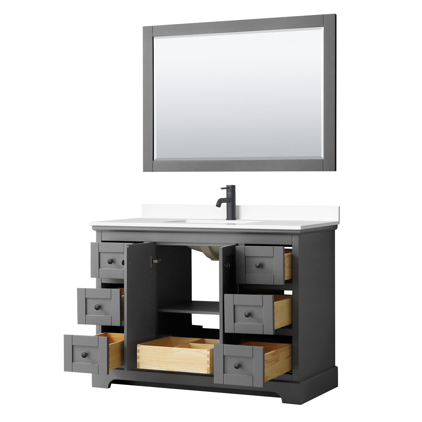 Avery 48 Inch Single Bathroom Vanity in Dark Gray, White Cultured Marble Countertop, Undermount Square Sink, Matte Black Trim, 46 Inch Mirror