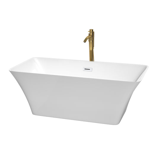 Tiffany 59 Inch Freestanding Bathtub in White with Shiny White Trim and Floor Mounted Faucet in Brushed Gold