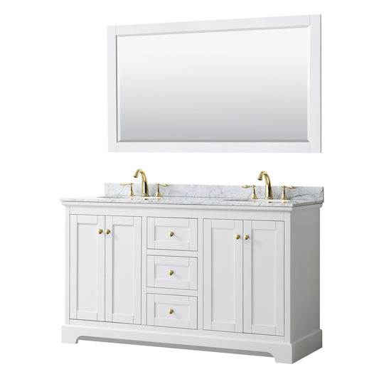 Avery 60 Inch Double Bathroom Vanity in White, White Carrara Marble Countertop, Undermount Oval Sinks, 58 Inch Mirror, Brushed Gold Trim