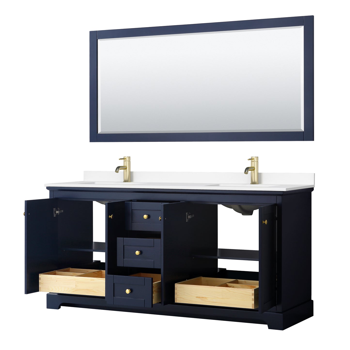 Avery 72 Inch Double Bathroom Vanity in Dark Blue, White Cultured Marble Countertop, Undermount Square Sinks, No Mirror