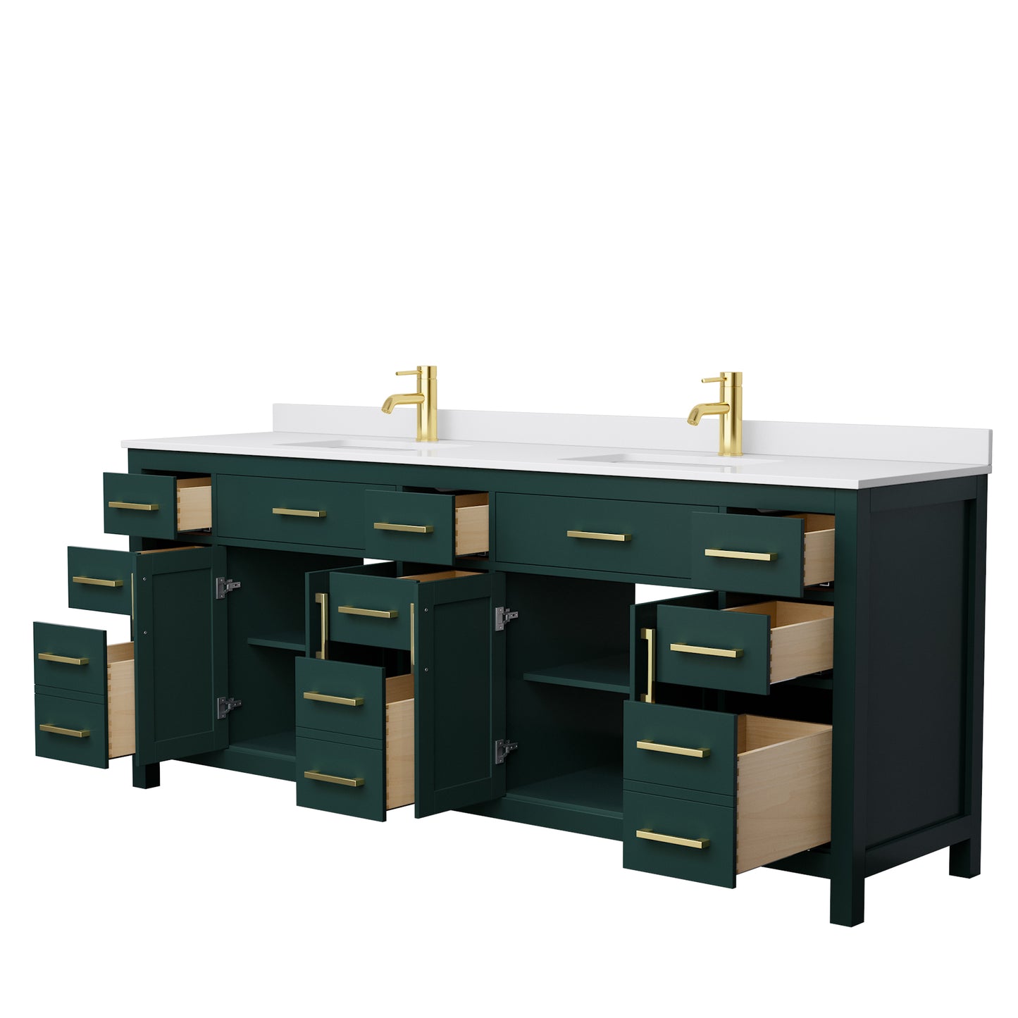 Beckett 84 Inch Double Bathroom Vanity in Green, White Cultured Marble Countertop, Undermount Square Sinks, Brushed Gold Trim