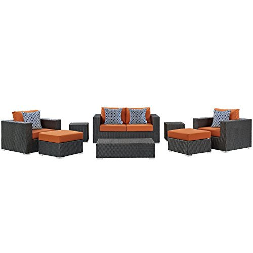 Modway Sojourn Casual Seating 10 Piece Outdoor Patio Rattan Sectional Set with Sunbrella Brand Tuscan Orange Canvas Cushions