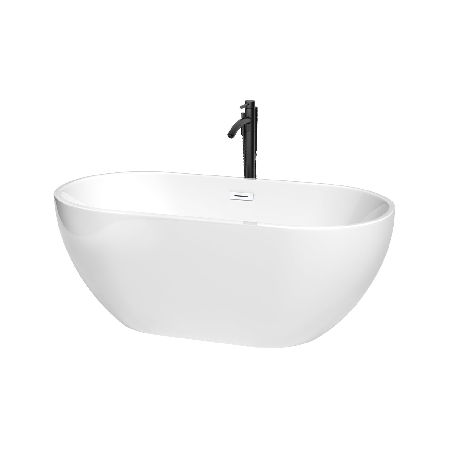 Brooklyn 60 Inch Freestanding Bathtub in White with Shiny White Trim and Floor Mounted Faucet in Matte Black