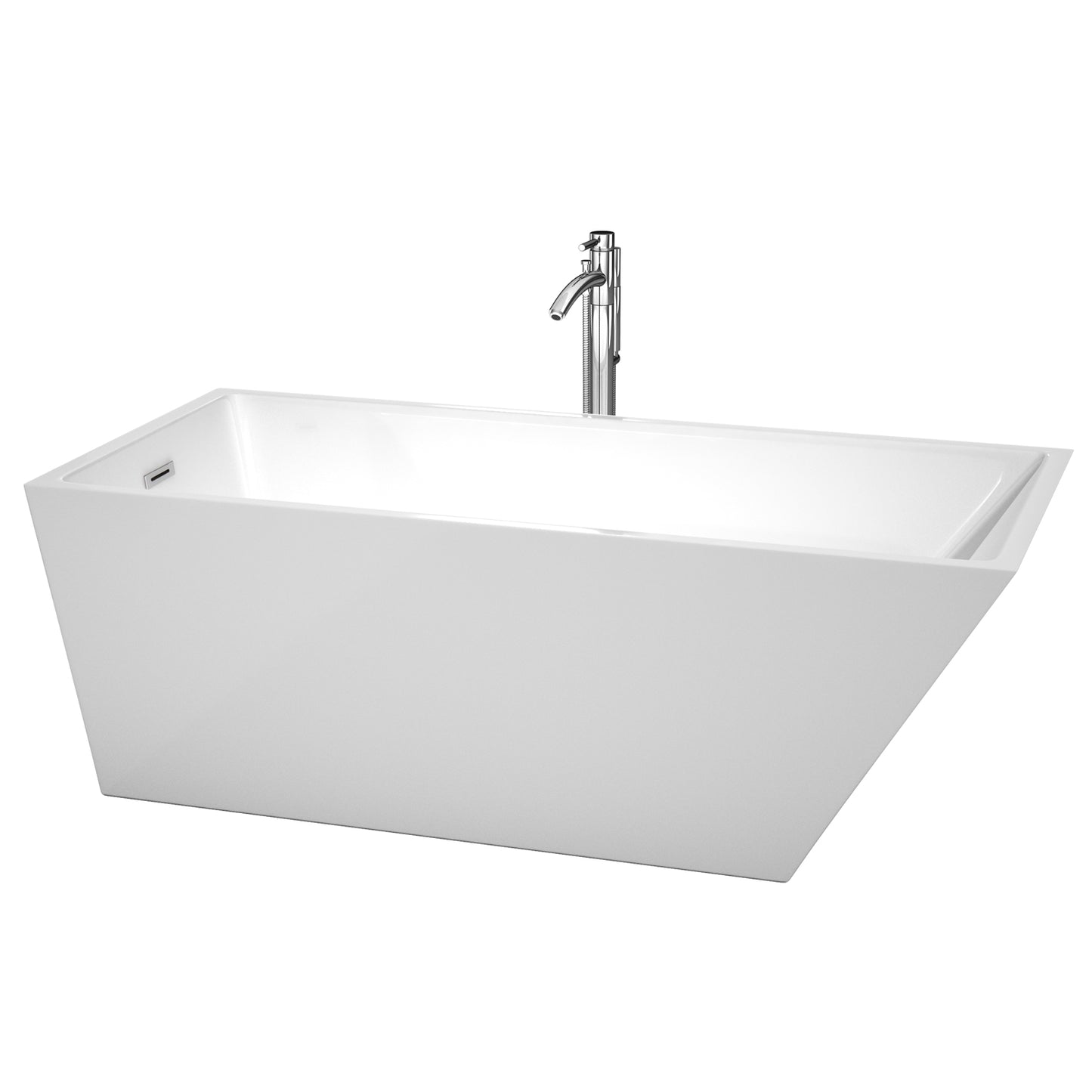 Hannah 67 Inch Freestanding Bathtub in White with Floor Mounted Faucet, Drain and Overflow Trim in Polished Chrome