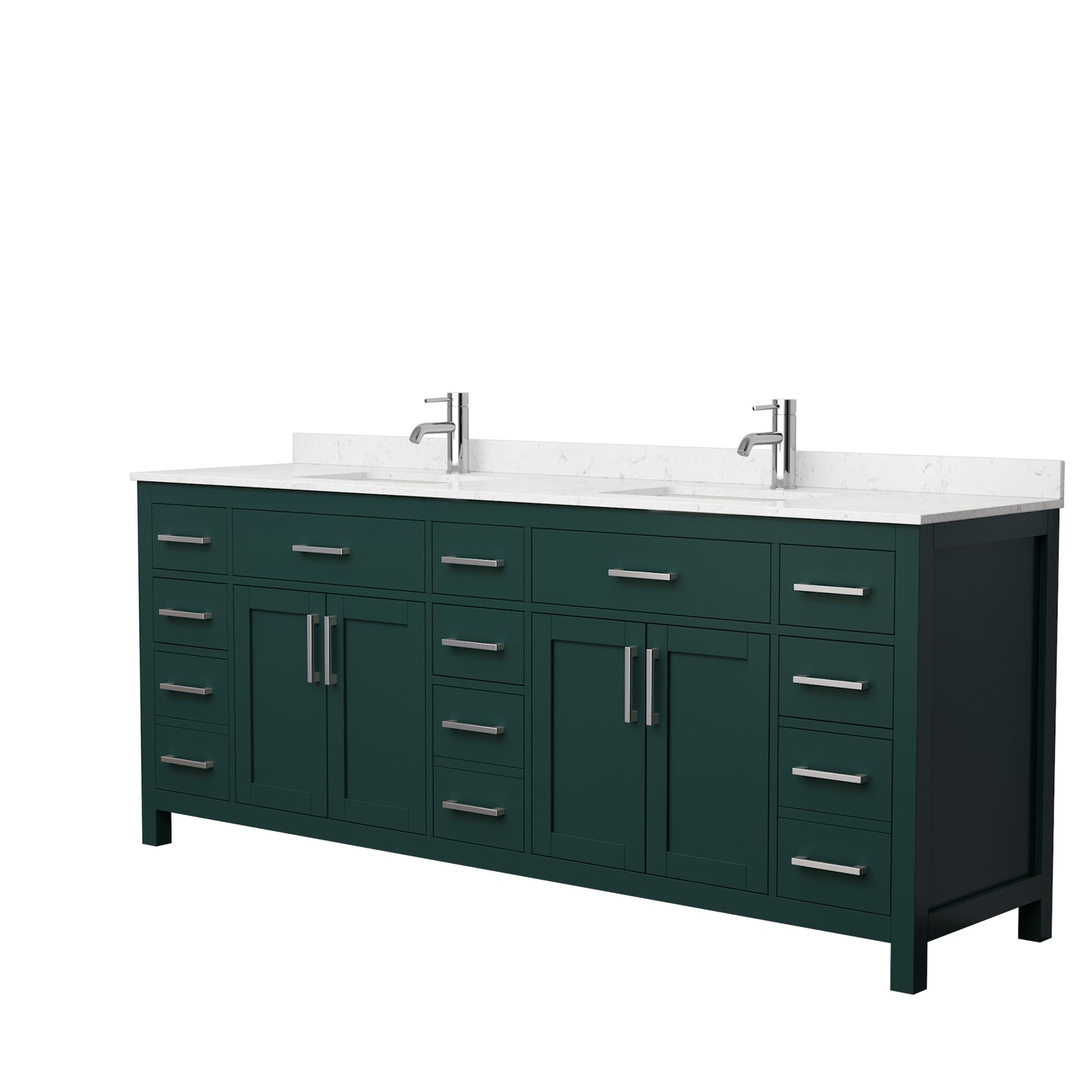 Beckett 84 Inch Double Bathroom Vanity in Green, Carrara Cultured Marble Countertop, Undermount Square Sinks, Brushed Nickel Trim