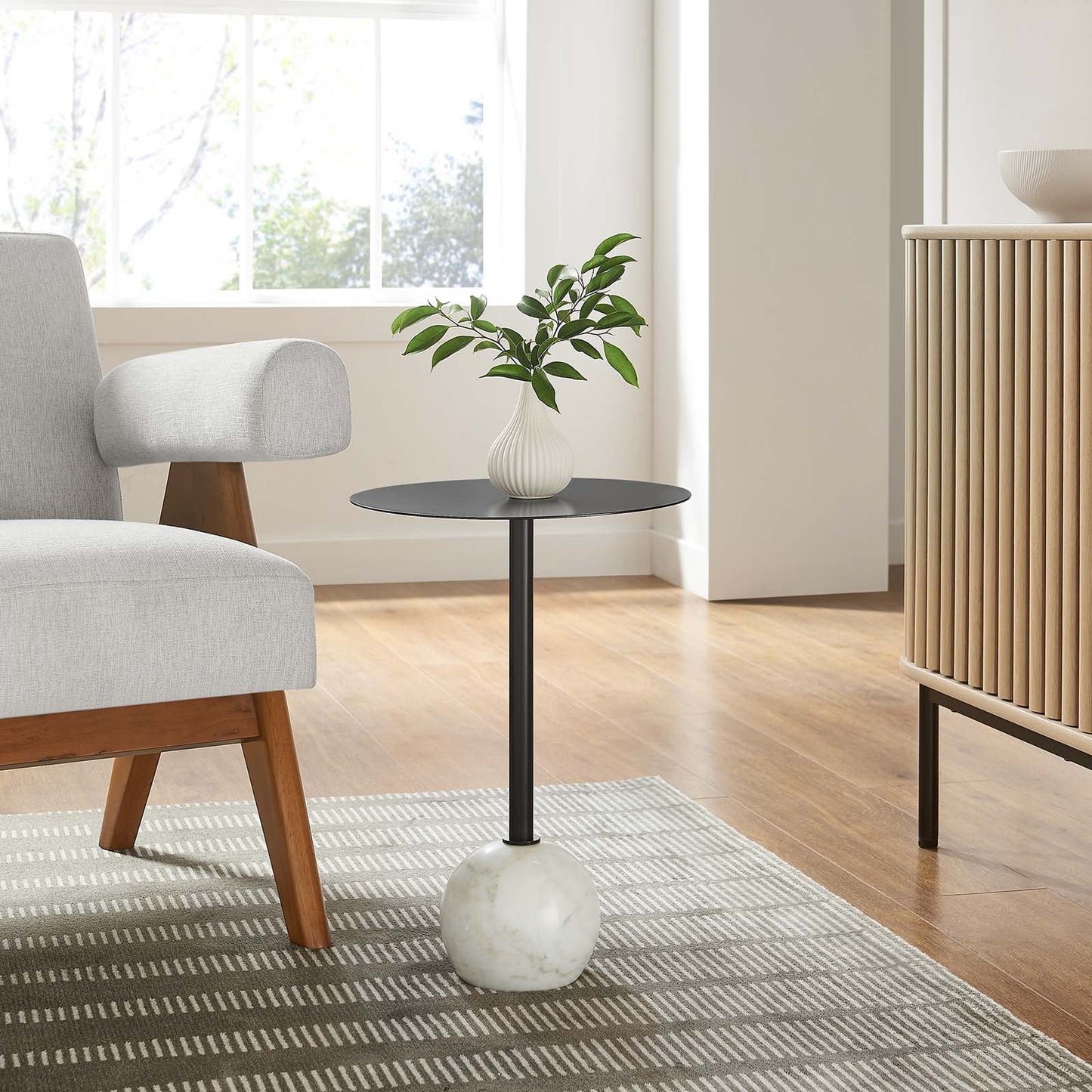 Modway Aliza Round Acacia Wood Side Table in White Black