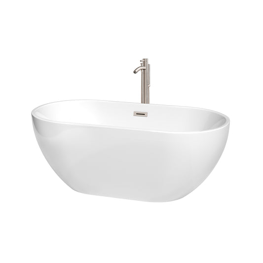 Brooklyn 60 Inch Freestanding Bathtub in White with Floor Mounted Faucet, Drain and Overflow Trim in Brushed Nickel