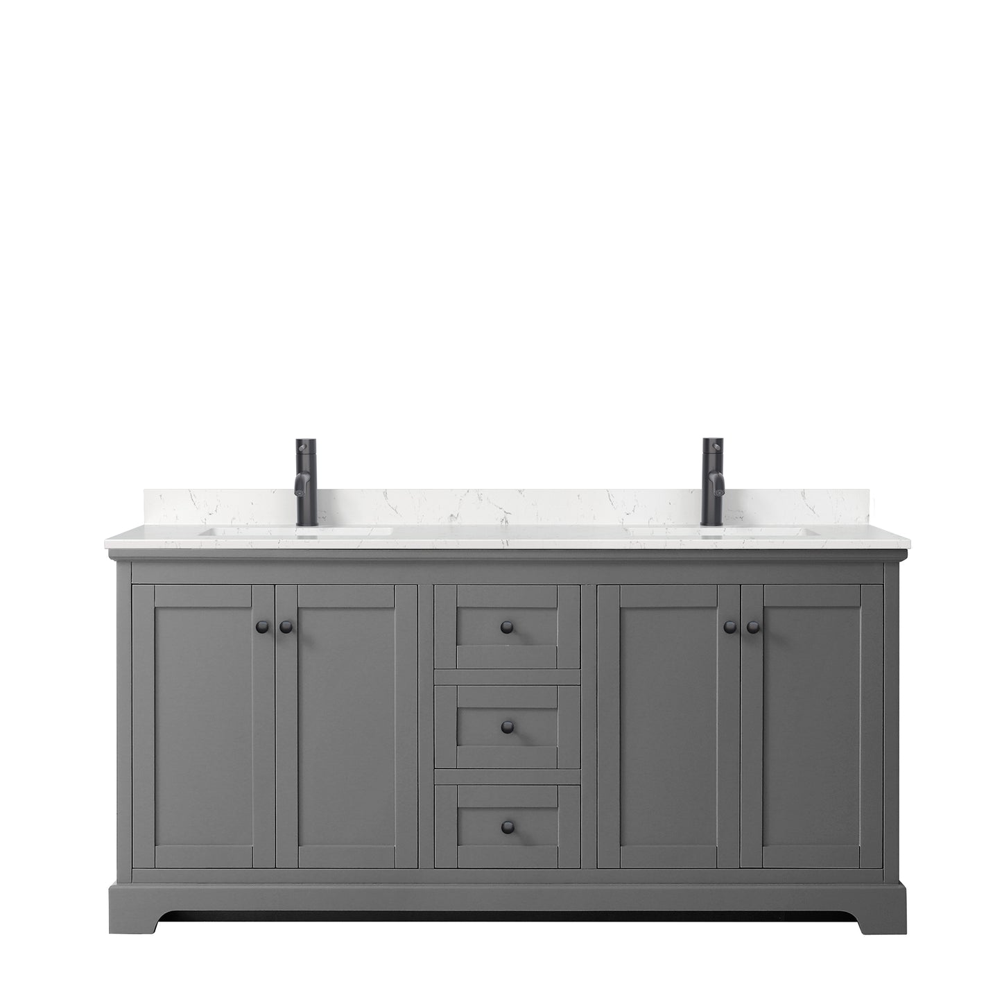 Avery 72 Inch Double Bathroom Vanity in Dark Gray, Carrara Cultured Marble Countertop, Undermount Square Sinks, Matte Black Trim