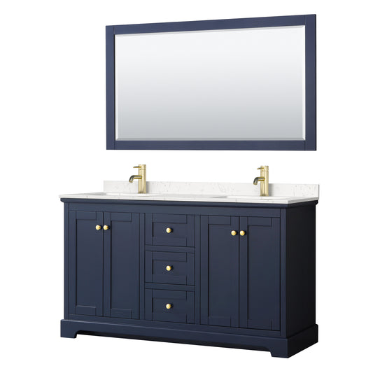 Avery 60 Inch Double Bathroom Vanity in Dark Blue, Carrara Cultured Marble Countertop, Undermount Square Sinks, 58 Inch Mirror