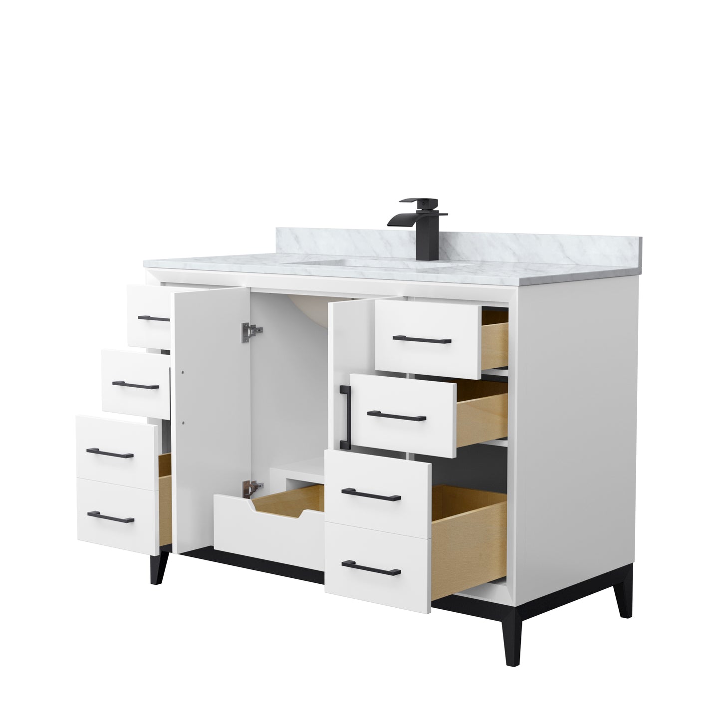 Amici 48 Inch Single Bathroom Vanity in White, White Carrara Marble Countertop, Undermount Square Sink, Matte Black Trim