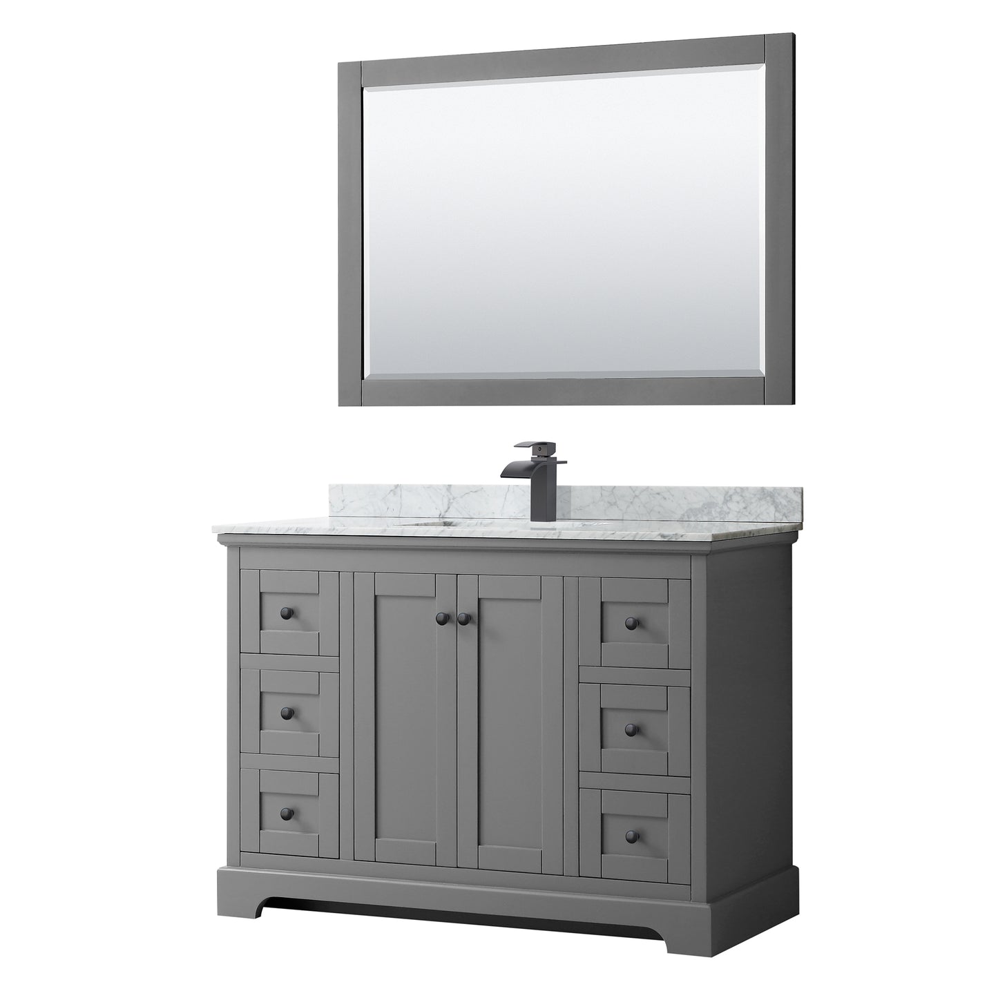 Avery 48 Inch Single Bathroom Vanity in Dark Gray, White Carrara Marble Countertop, Undermount Square Sink, Matte Black Trim, 46 Inch Mirror