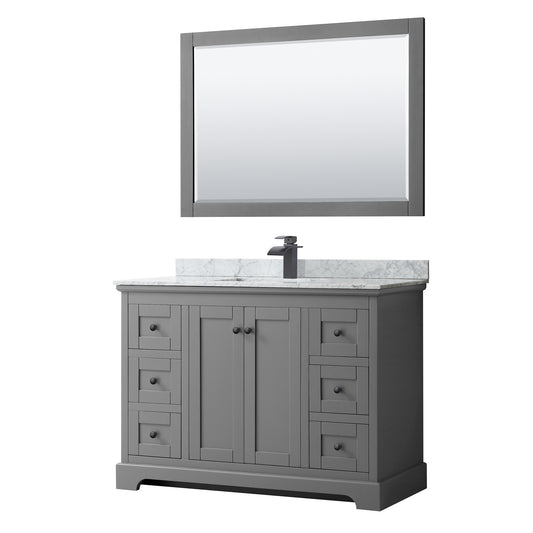Avery 48 Inch Single Bathroom Vanity in Dark Gray, White Carrara Marble Countertop, Undermount Square Sink, Matte Black Trim, 46 Inch Mirror