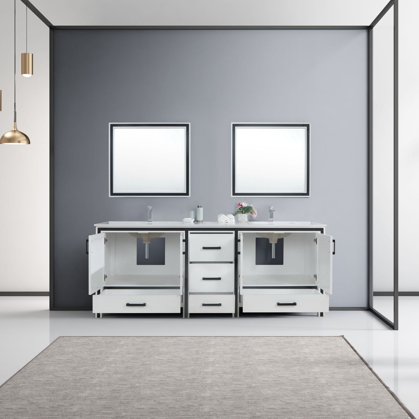 Ziva 84" White Double Vanity, Cultured Marble Top, White Square Sink and 34" Mirrors w/ Faucet