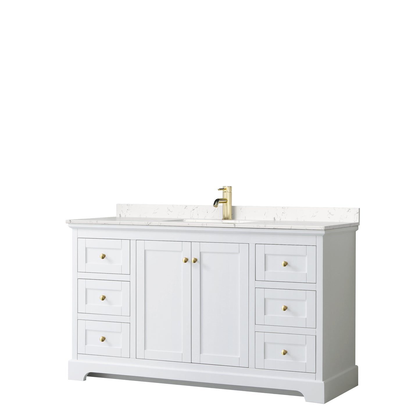 Avery 60 Inch Single Bathroom Vanity in White, Carrara Cultured Marble Countertop, Undermount Square Sink, Brushed Gold Trim