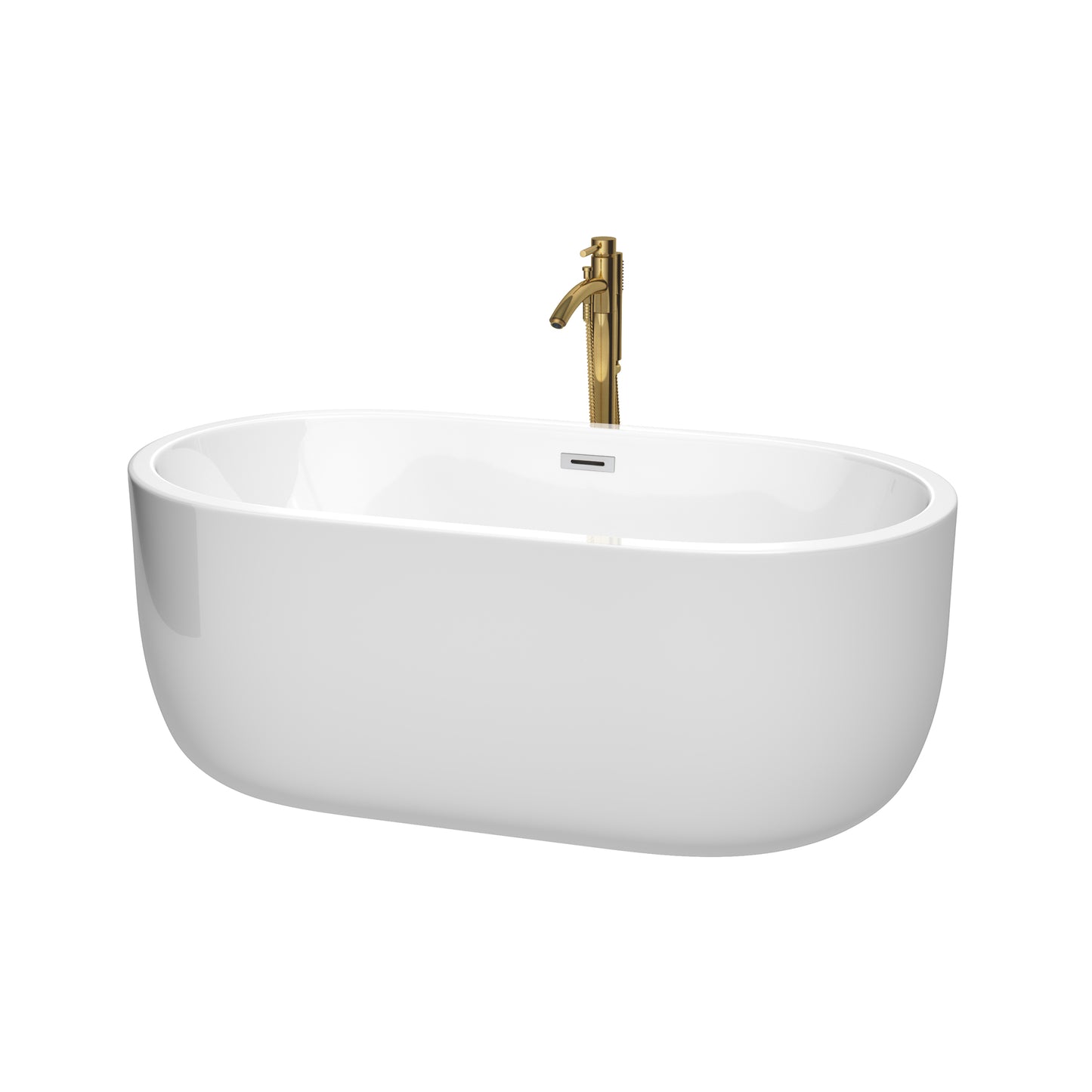 Juliette 60 Inch Freestanding Bathtub in White with Polished Chrome Trim and Floor Mounted Faucet in Brushed Gold