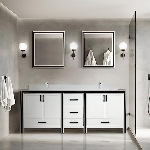 Lexora Ziva Bath Vanity, White Quartz Top, Faucet Set and 28 in Mirror