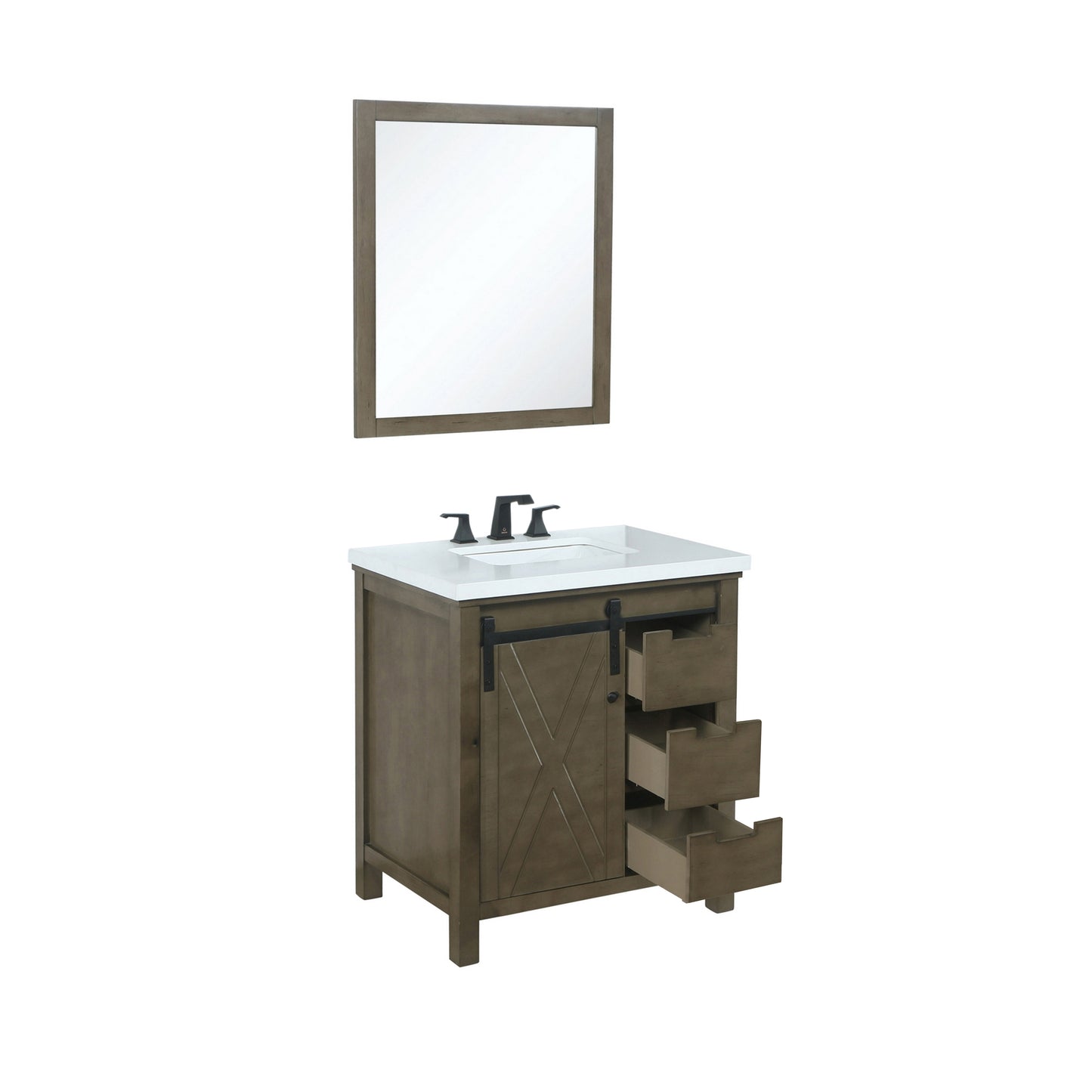 Marsyas 30" Rustic Brown Single Vanity, White Quartz Top, White Square Sink and 28" Mirror w/ Faucet