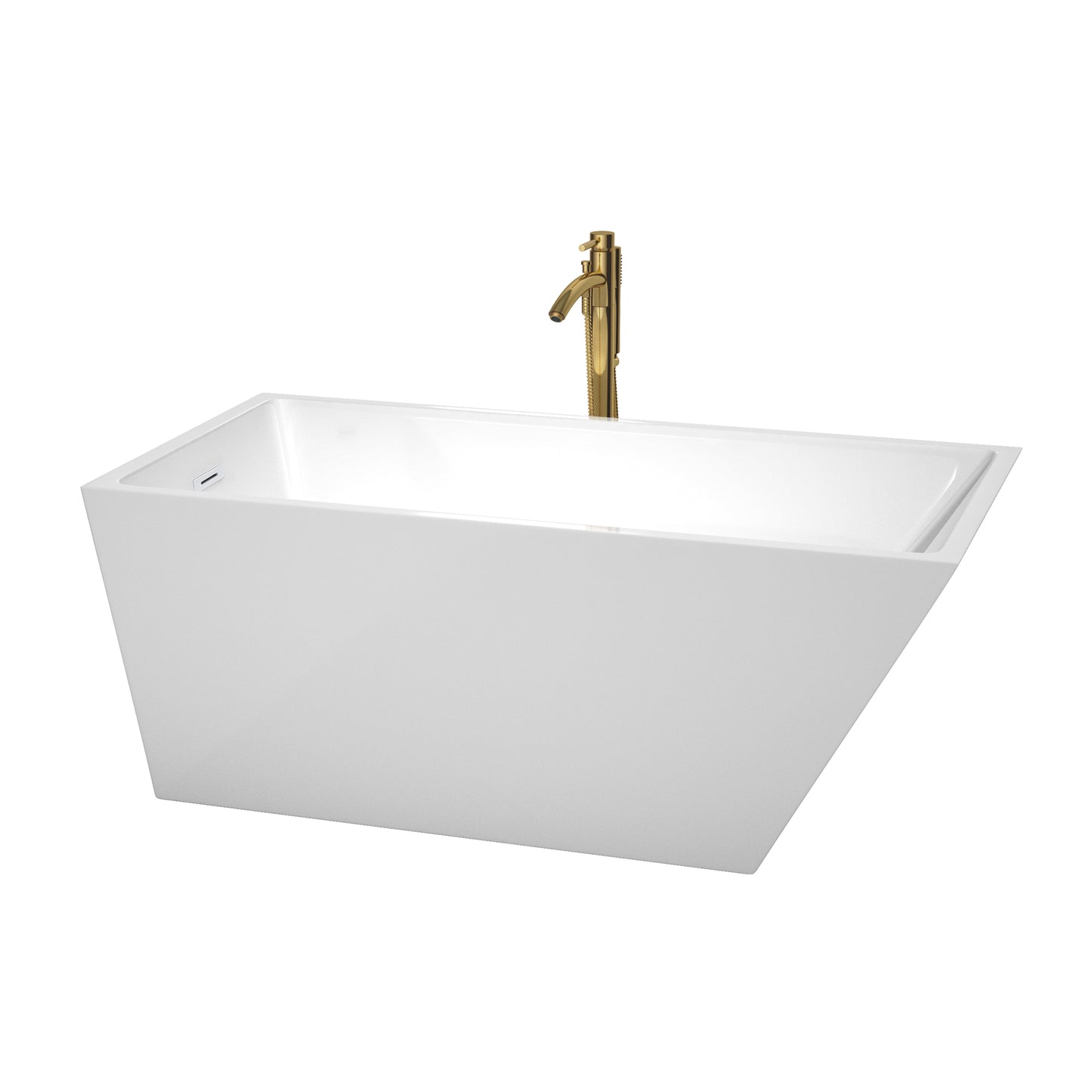 Hannah 59 Inch Freestanding Bathtub in White with Shiny White Trim and Floor Mounted Faucet in Brushed Gold