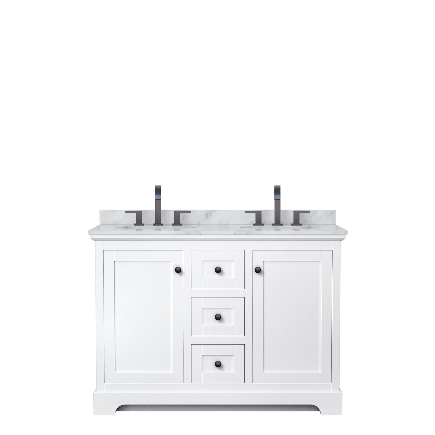 Avery 48 Inch Double Bathroom Vanity in White, White Carrara Marble Countertop, Undermount Oval Sinks, Matte Black Trim