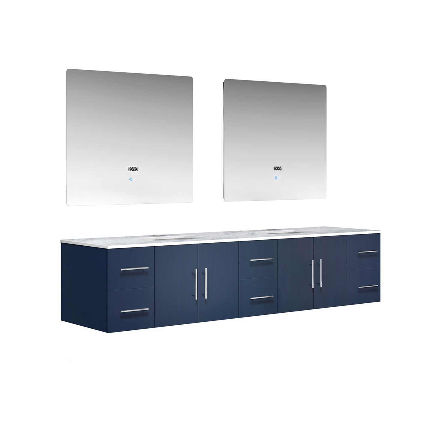Geneva 84" Navy Blue Double Vanity, White Carrara Marble Top, White Square Sinks and 36" LED Mirrors