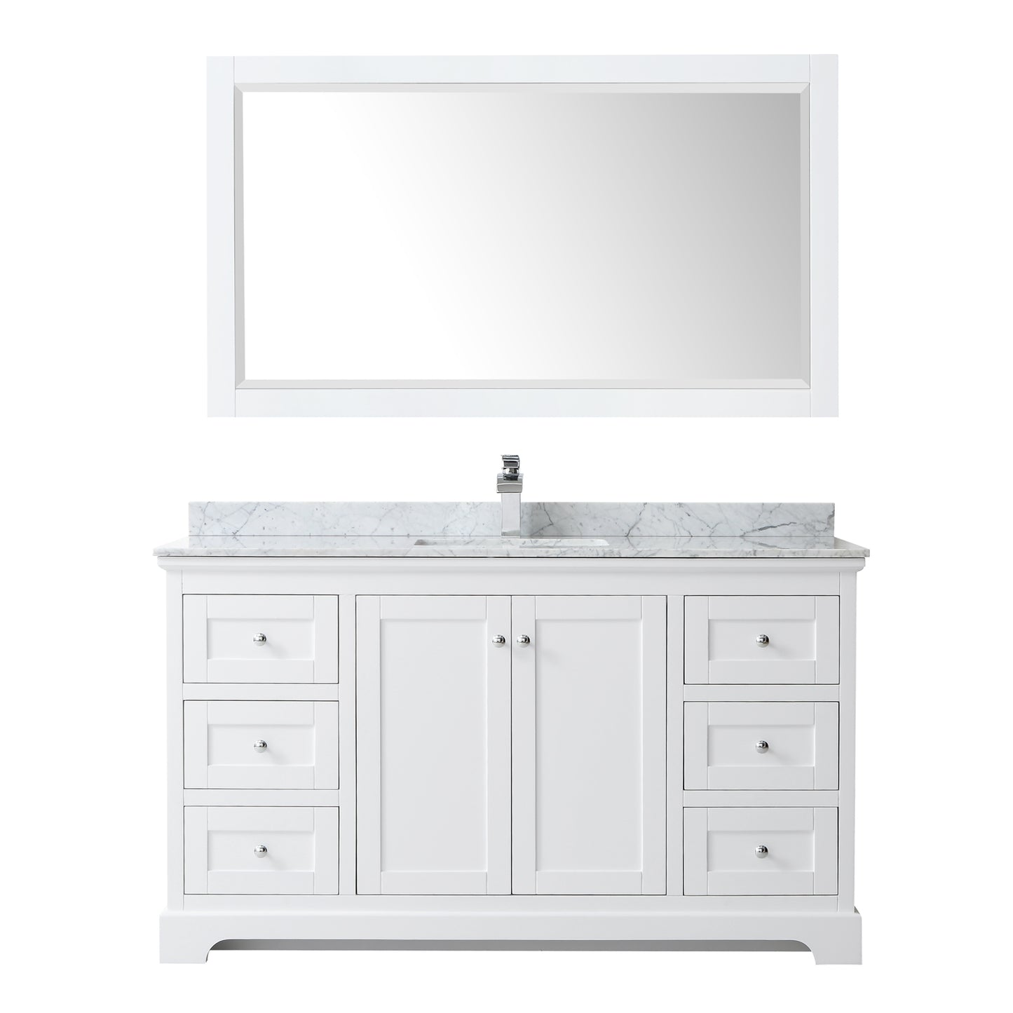 Avery 60 Inch Single Bathroom Vanity in White, White Carrara Marble Countertop, Undermount Square Sink, and 58 Inch Mirror