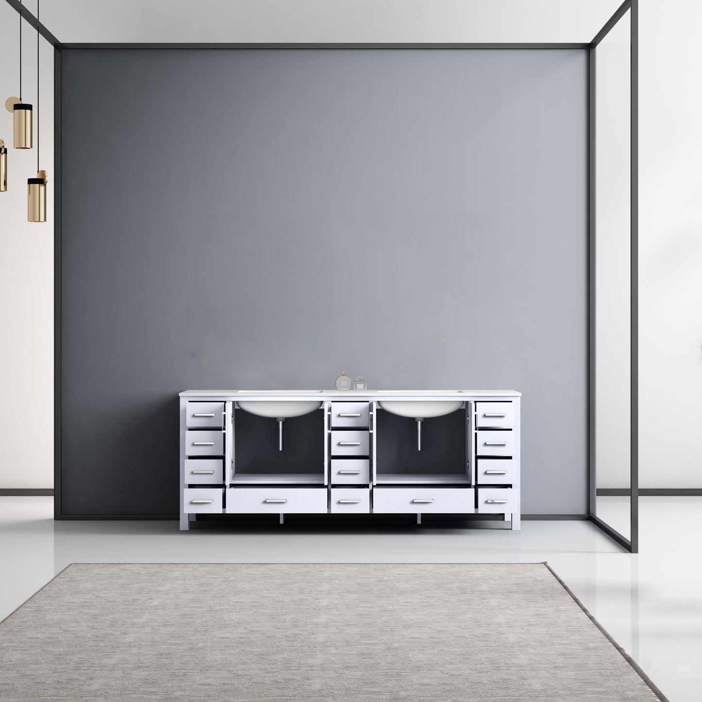 Jacques 84" White Double Vanity, White Carrara Marble Top, White Square Sinks and no Mirror