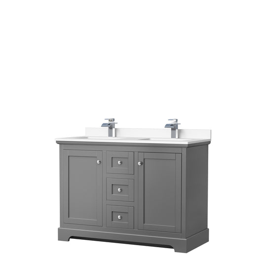 Avery 48 Inch Double Bathroom Vanity in Dark Gray, White Cultured Marble Countertop, Undermount Square Sinks, No Mirror