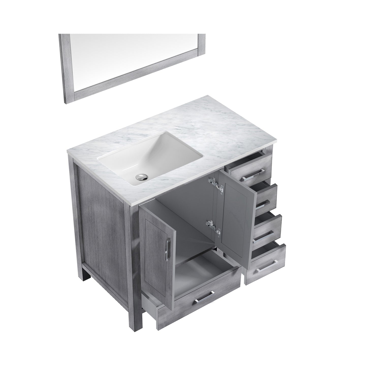 Jacques 36" Distressed Grey Single Vanity, White Carrara Marble Top, White Square Sink and 34" Mirror - Left Version