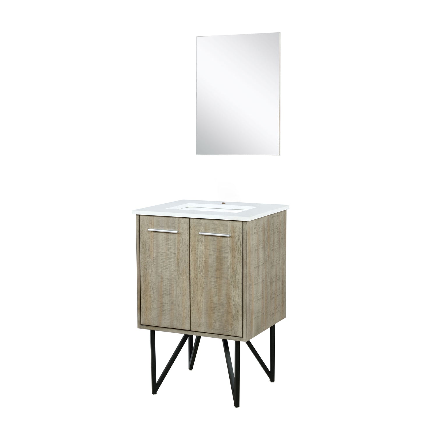 Lancy 24" Rustic Acacia Bathroom Vanity, White Quartz Top, White Square Sink, and 18" Frameless Mirror