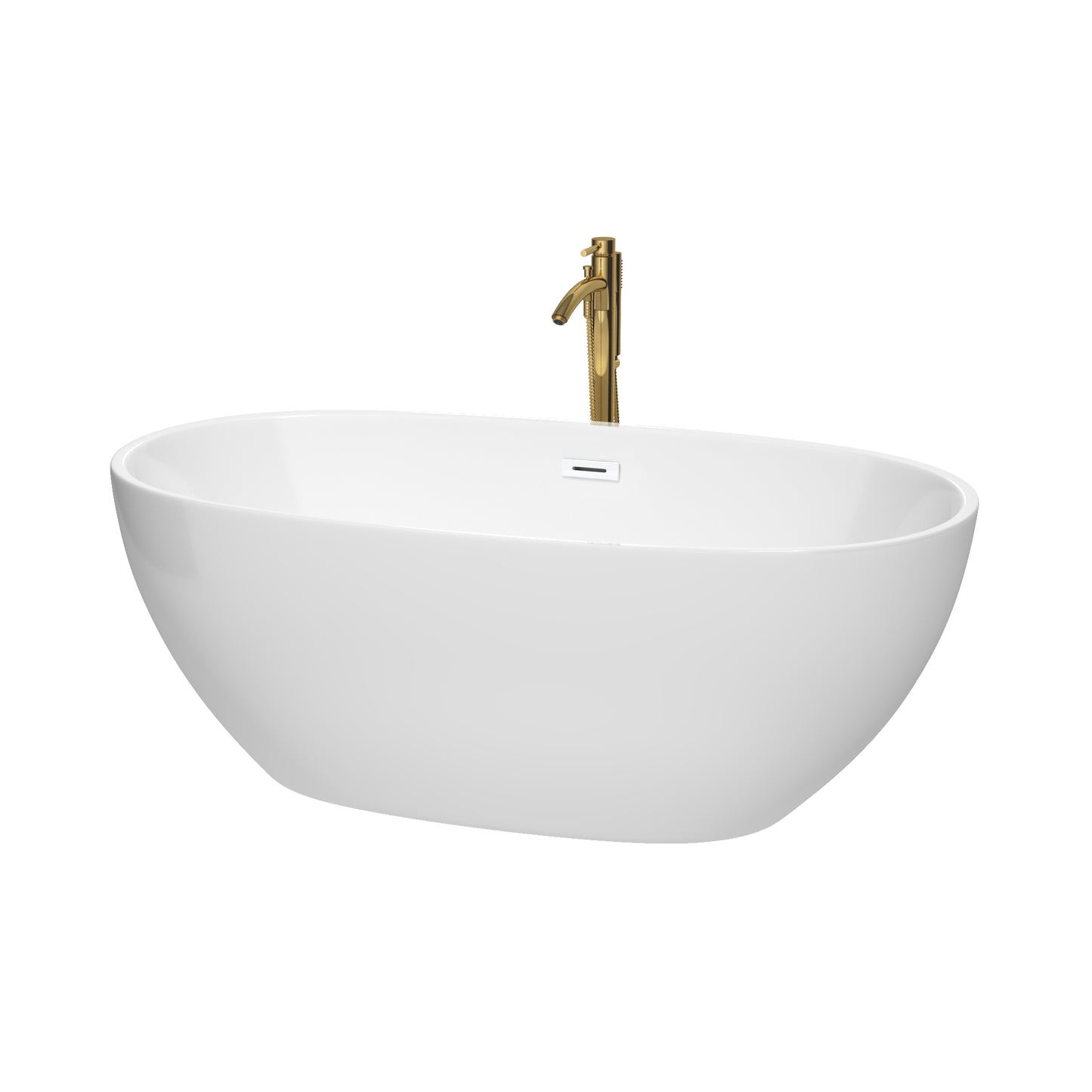 Juno 63 Inch Freestanding Bathtub in White with Shiny White Trim and Floor Mounted Faucet in Brushed Gold