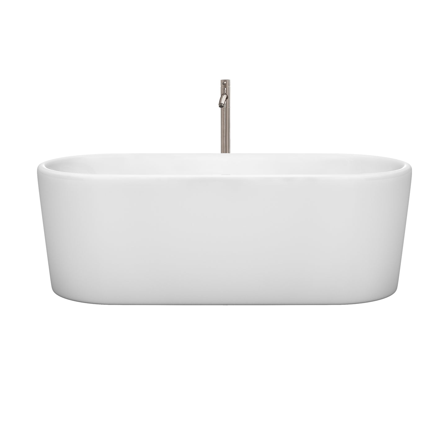 Ursula 67 Inch Freestanding Bathtub in White with Floor Mounted Faucet, Drain and Overflow Trim in Brushed Nickel
