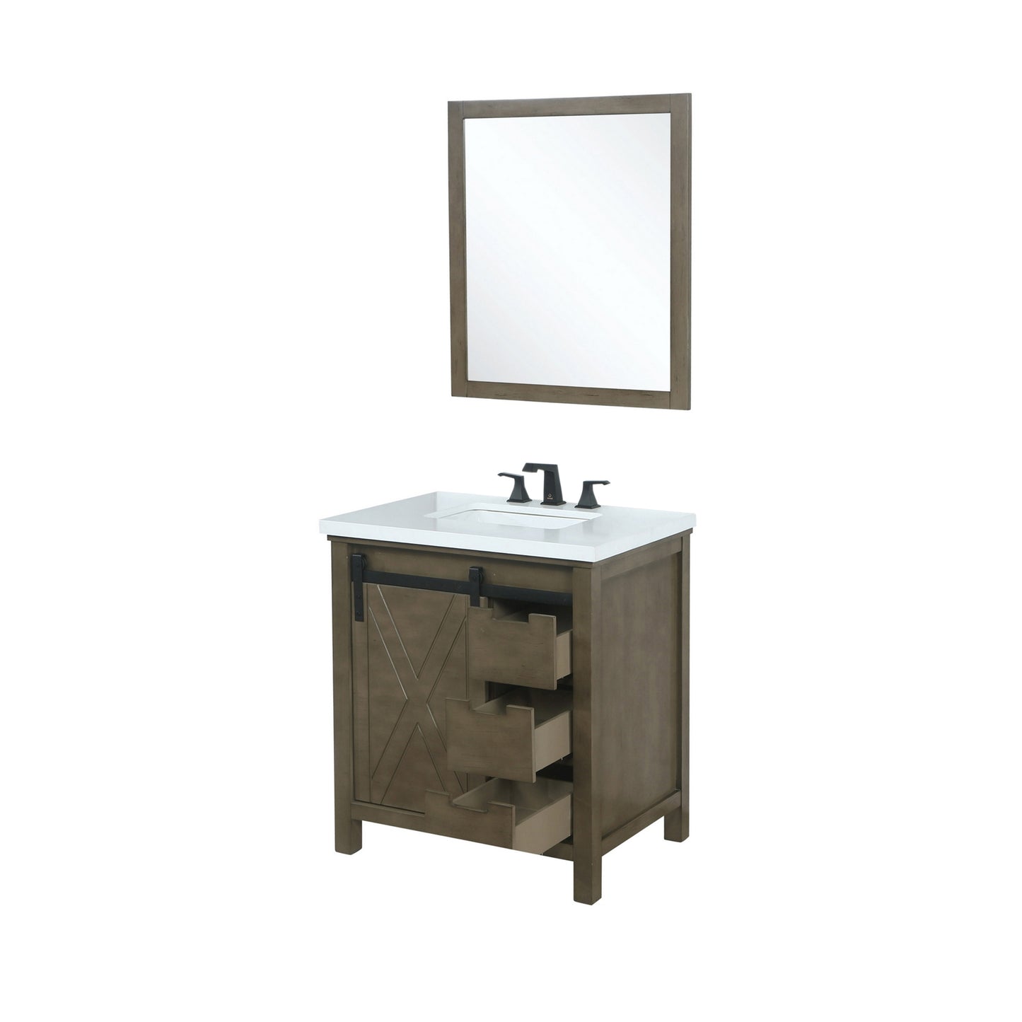 Marsyas 30" Rustic Brown Single Vanity, White Quartz Top, White Square Sink and 28" Mirror w/ Faucet
