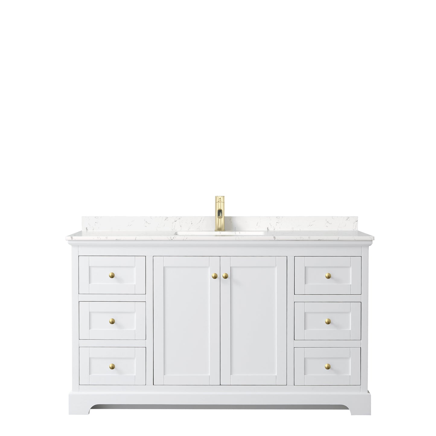 Avery 60 Inch Single Bathroom Vanity in White, Carrara Cultured Marble Countertop, Undermount Square Sink, Brushed Gold Trim