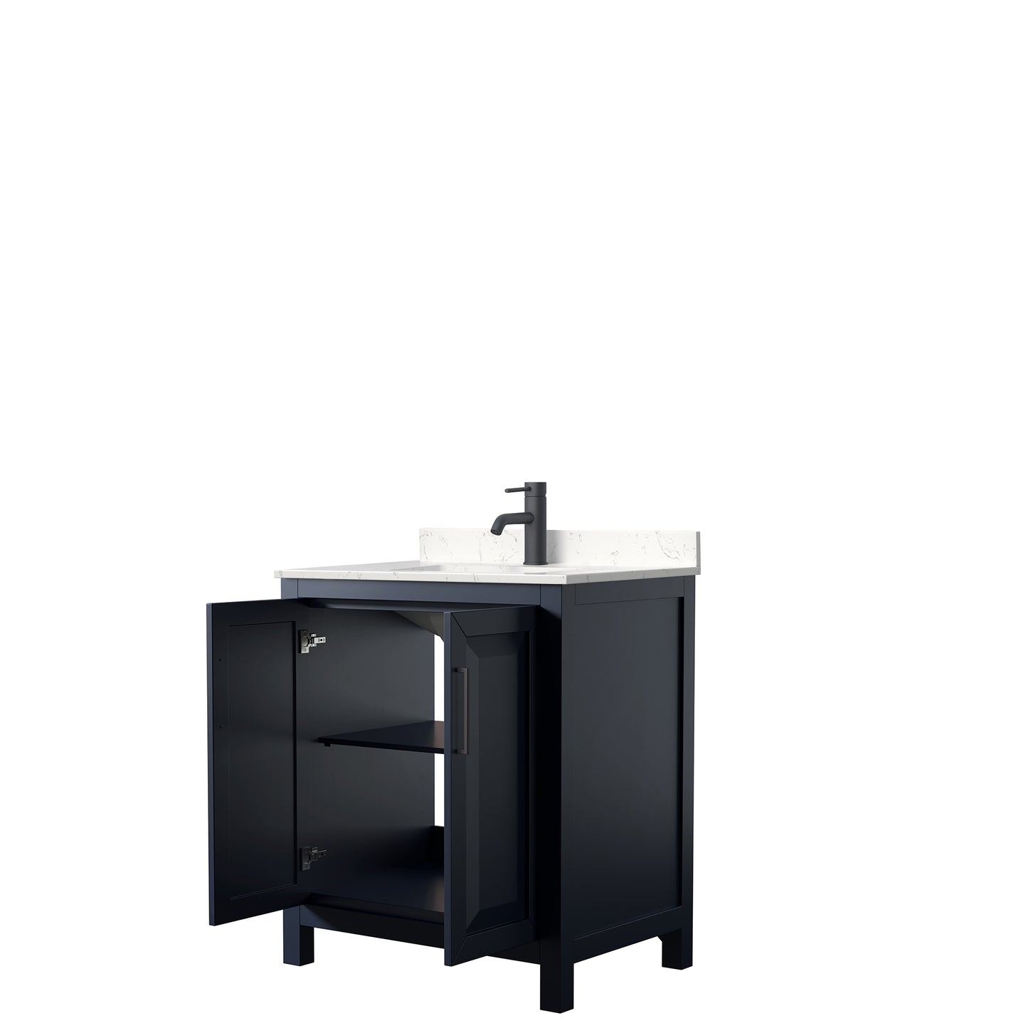 Daria 30 Inch Single Bathroom Vanity in Dark Blue, Carrara Cultured Marble Countertop, Undermount Square Sink, Matte Black Trim