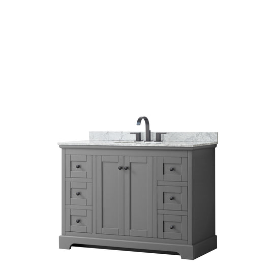 Avery 48 Inch Single Bathroom Vanity in Dark Gray, White Carrara Marble Countertop, Undermount Oval Sink, Matte Black Trim