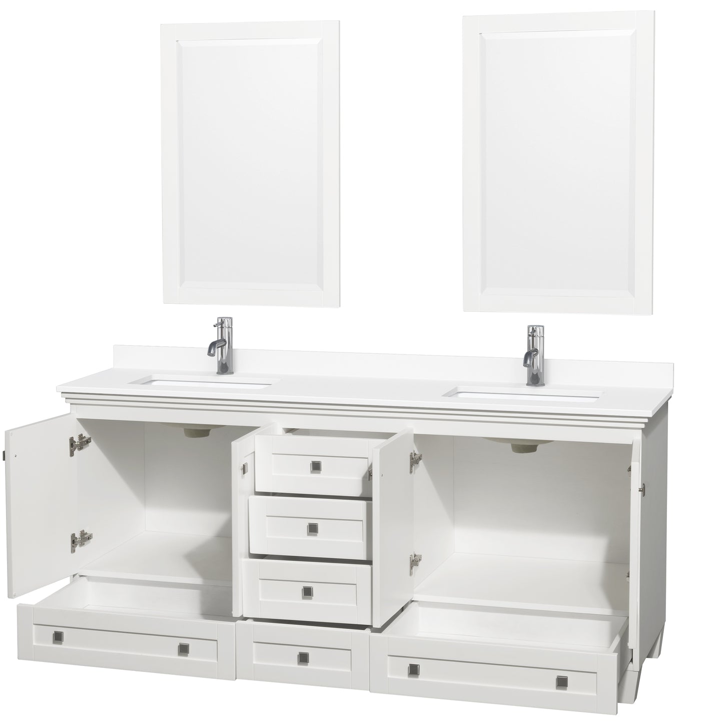 Acclaim 72 Inch Double Bathroom Vanity in White, White Cultured Marble Countertop, Undermount Square Sinks, 24 Inch Mirrors