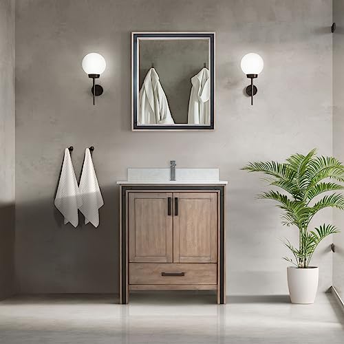 Lexora Ziva Bath Vanity, White Quartz Top, Faucet Set and 28 in Mirror