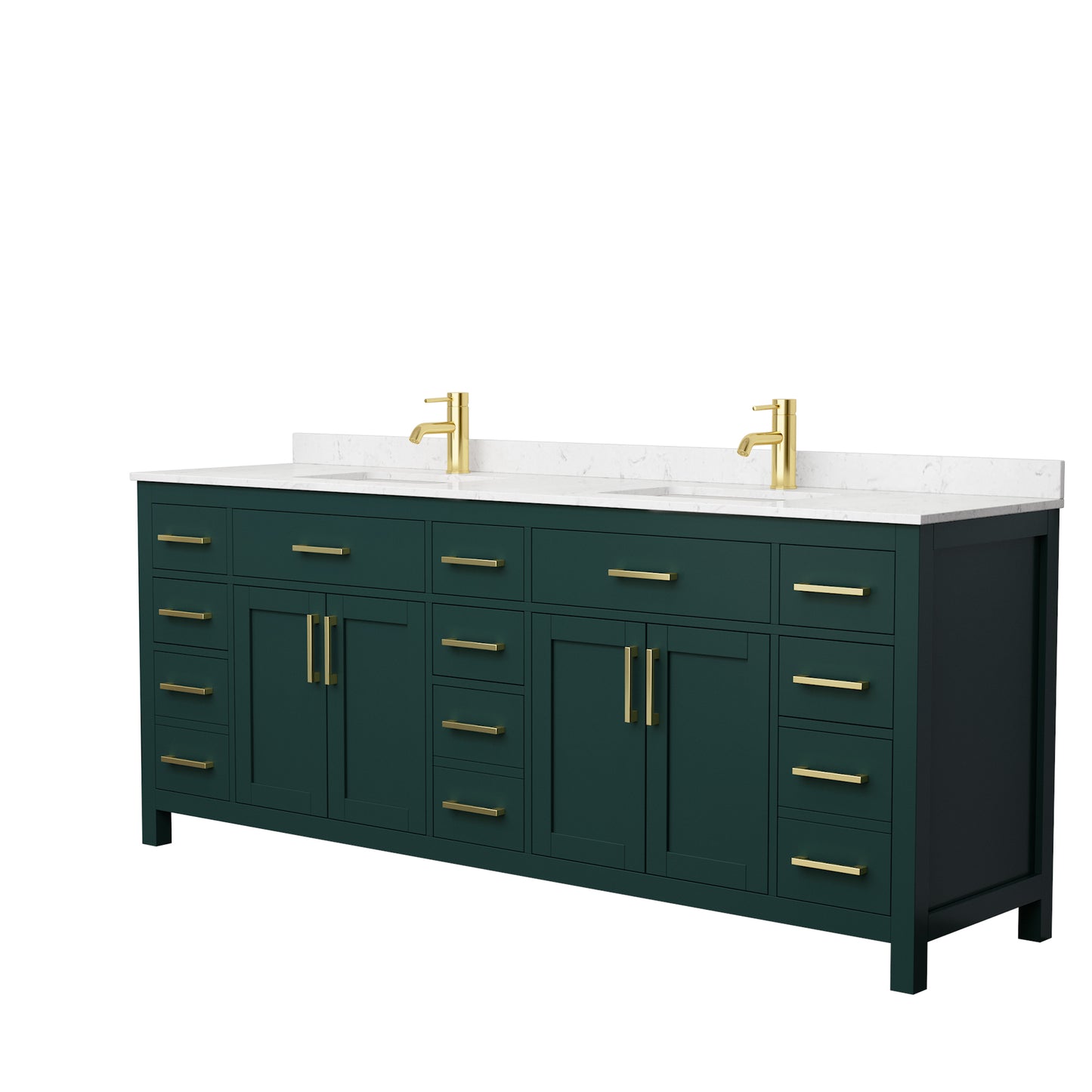 Beckett 84 Inch Double Bathroom Vanity in Green, Carrara Cultured Marble Countertop, Undermount Square Sinks, Brushed Gold Trim