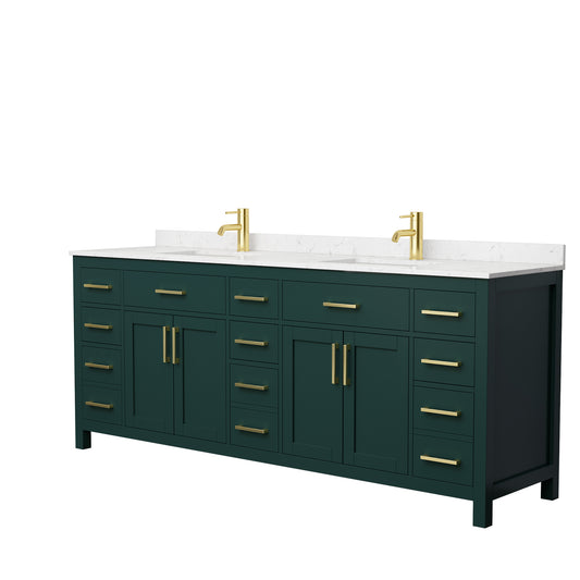 Beckett 84 Inch Double Bathroom Vanity in Green, Carrara Cultured Marble Countertop, Undermount Square Sinks, Brushed Gold Trim